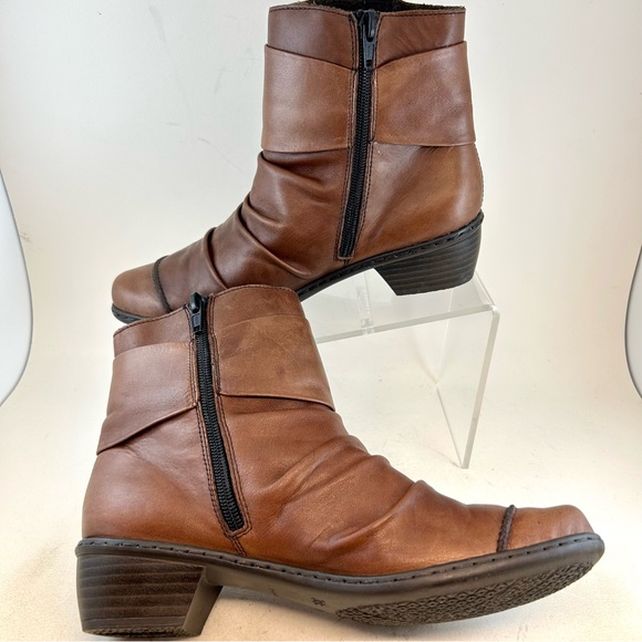 Rieker Antistress Brown Leather Ruched Louise Zipper Ankle Boots Booties 38 7 - Picture 4 of 12